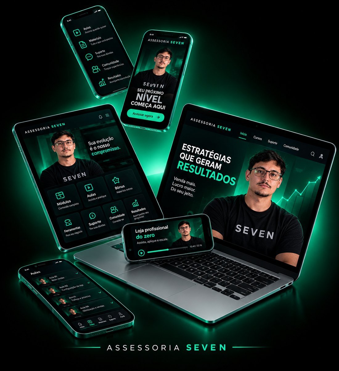 Área de membros da Assessoria Seven em celular, tablet e notebook
