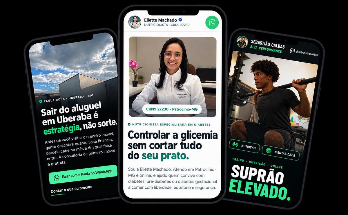 Três sites feitos pela Seven abertos no celular: consultoria de imóveis, nutricionista e personal trainer