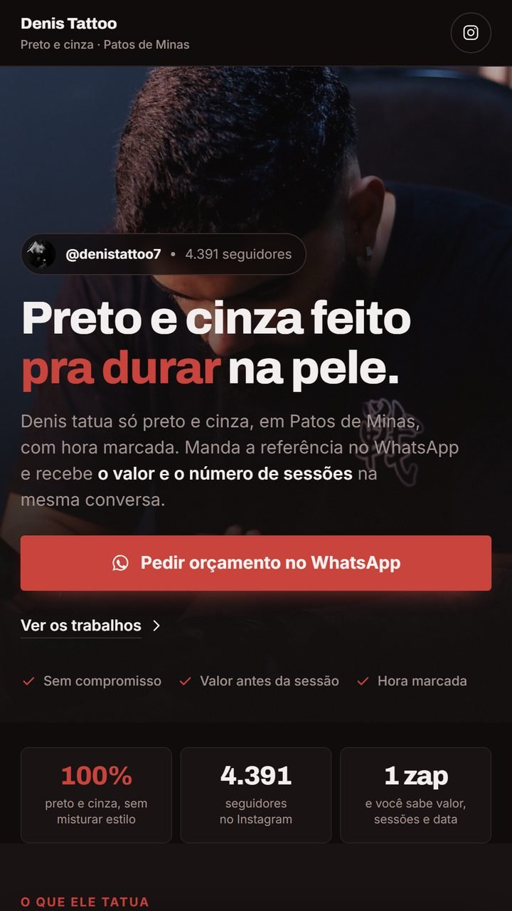 Site do Denis Tattoo, tatuador em Patos de Minas, aberto no celular