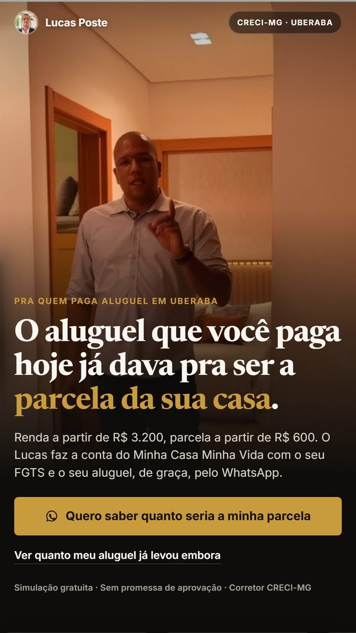 Site do Lucas Poste, corretor de imóveis em Uberaba, aberto no celular