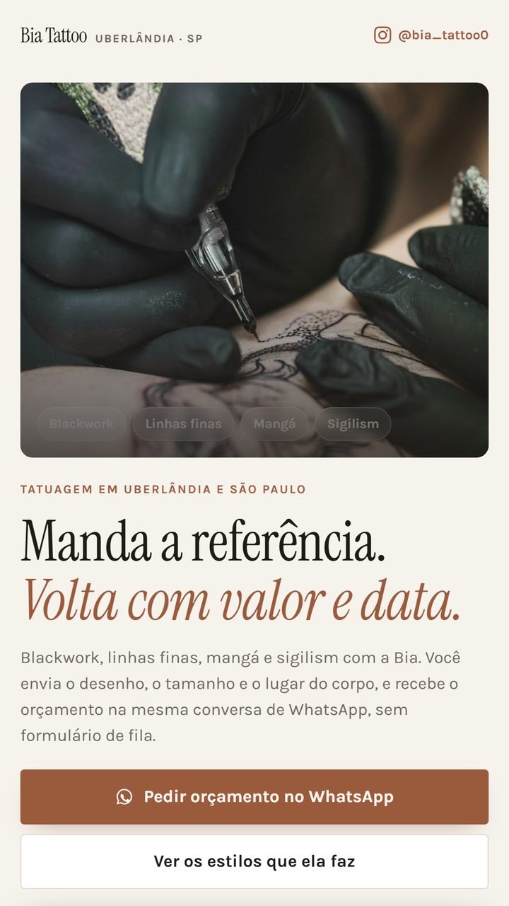 Site da Bia Tattoo, tatuadora em Uberlândia e São Paulo, aberto no celular